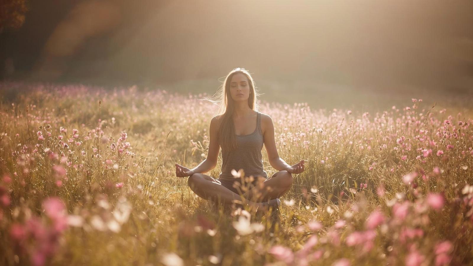 Femme assise en méditation dans un champ de fleurs sauvages, au lever du soleil